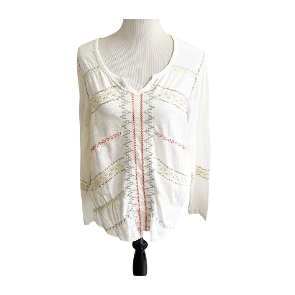 Sundance Top Womens L White Embroidered Chevron Long Sleeve V Neck Boho Chic